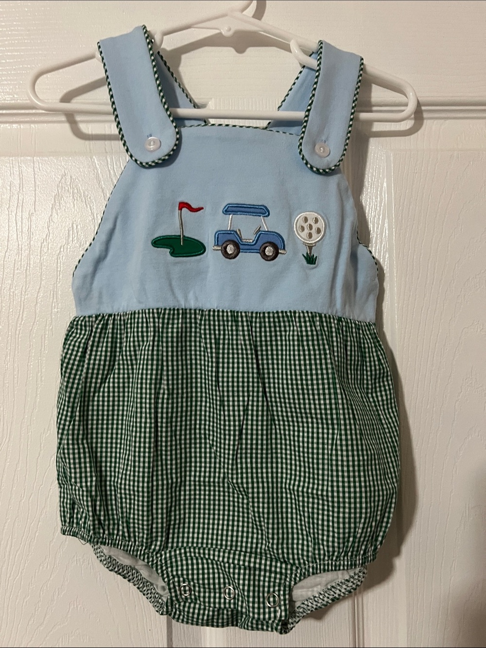 NWOT Stitchy Fish Light Blue & Green Golf Embroidered Baby Romper 12 Months